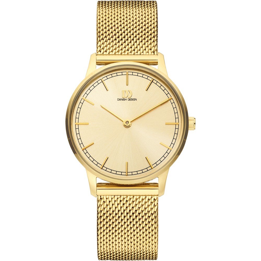 Reloj con esfera dorada y correa de malla metálica dorada.