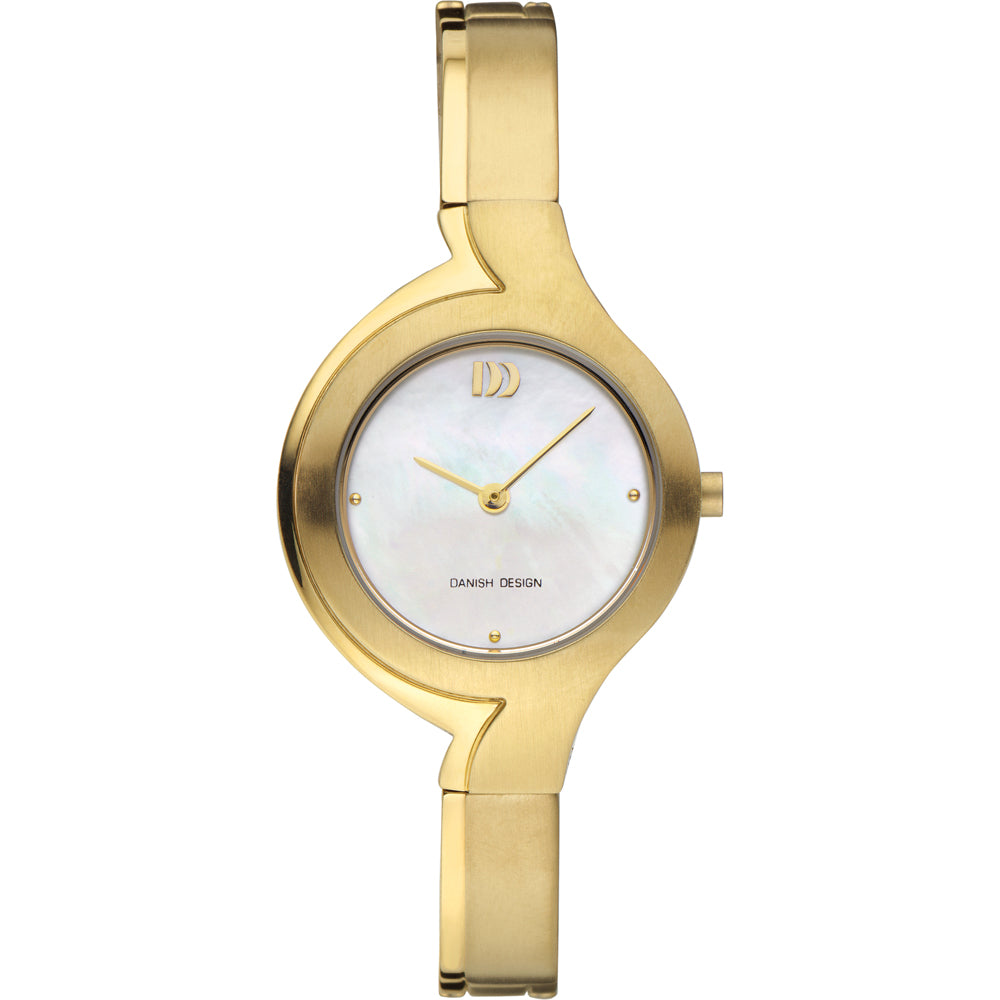 Reloj dorado con esfera de nácar y correa metálica, diseño moderno y minimalista.
