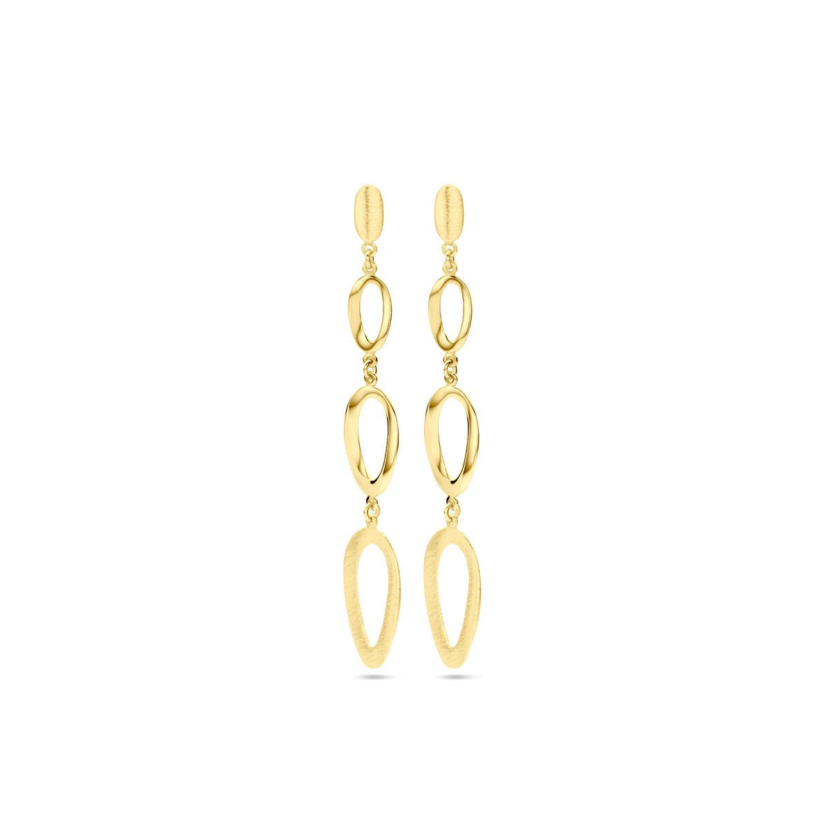 Pendientes largos de oro amarillo de 14 quilates con acabado pulido y mate, en forma de óvalos entrelazados.