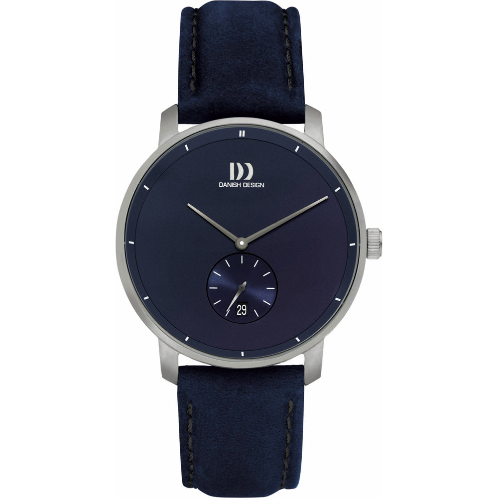 Reloj con esfera azul, caja de acero inoxidable y correa de cuero azul.