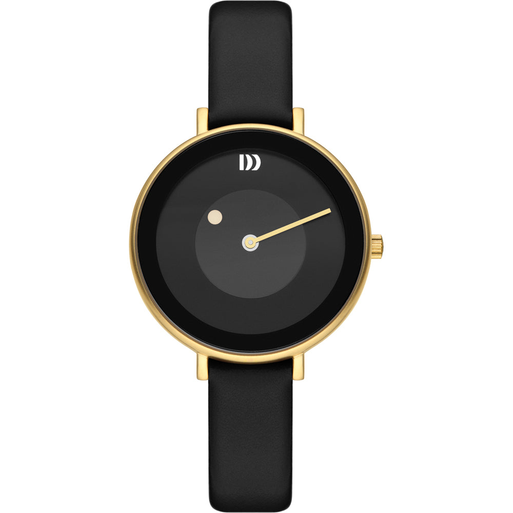 Reloj con esfera negra, correa de cuero negra y detalles dorados en la caja.