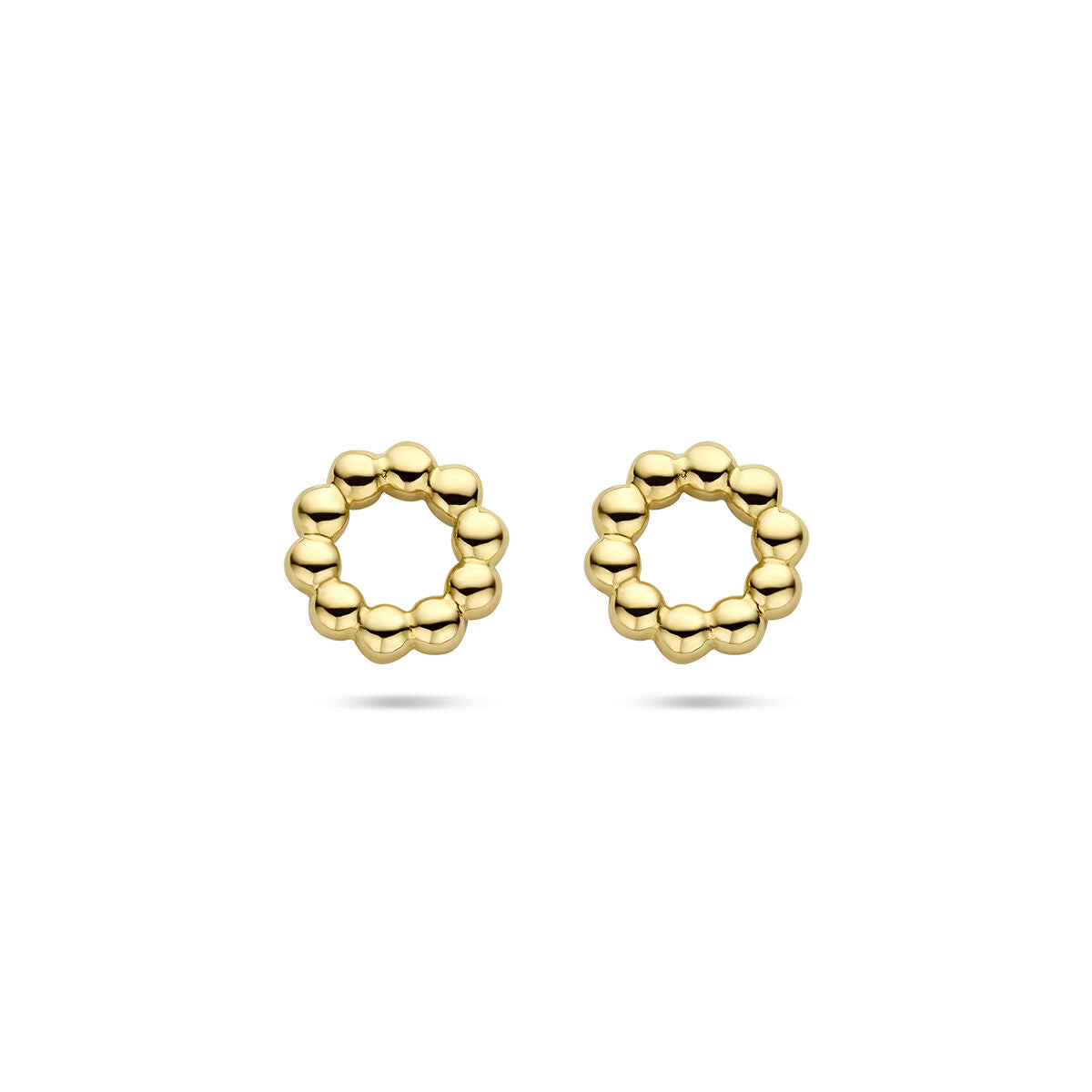 Pendientes de botón en forma de círculo con bolitas, elaborados en oro amarillo de 14 quilates.