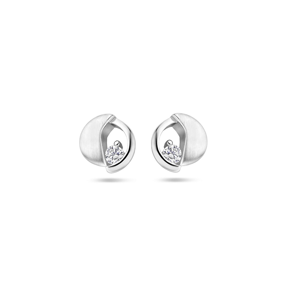 Pendientes de primera puesta de plata rodiada con zircón, con acabado pulido y mate.