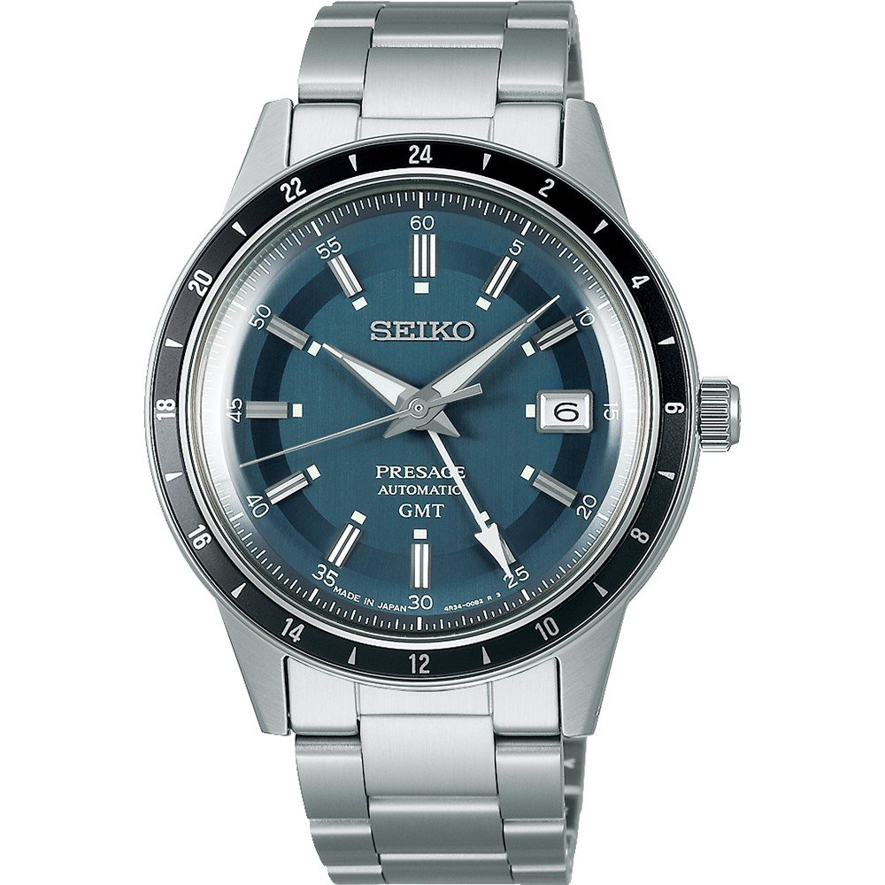 Reloj de hombre Seiko Presage SSK009J1 con esfera azul, correa de acero inoxidable y función GMT.