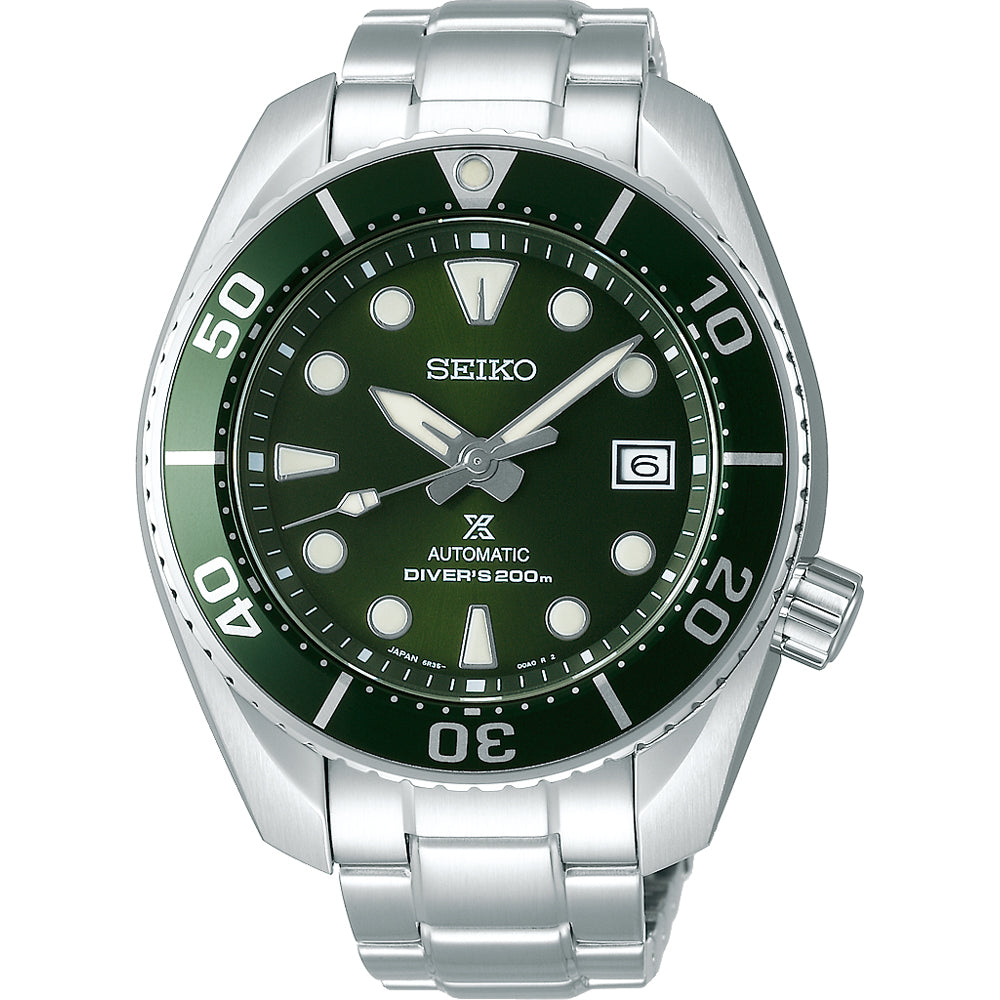 Reloj de buceo automático para hombre Seiko Prospex con esfera verde y correa de acero inoxidable.