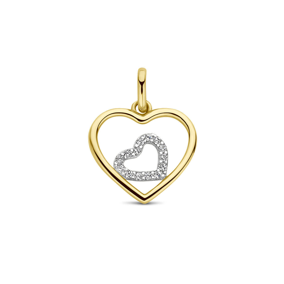 Colgante en forma de corazón bicolor de oro amarillo y blanco con zircón.