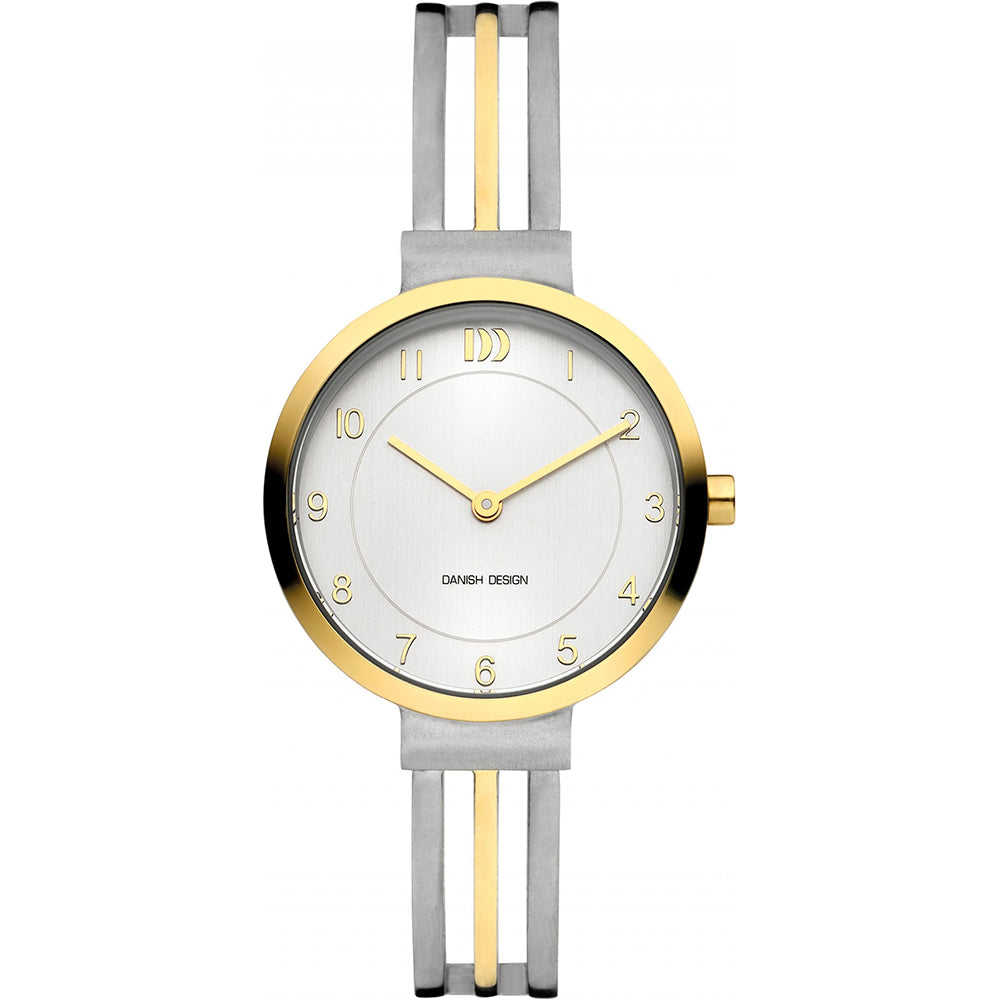 Reloj con esfera blanca, caja dorada y correa de dos tonos en gris y dorado.