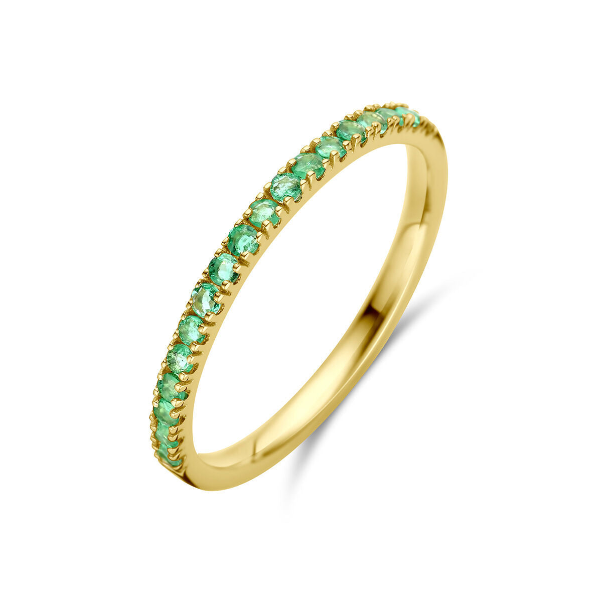Anillo de oro amarillo de 14K con piedras preciosas de esmeralda en un diseño delicado.