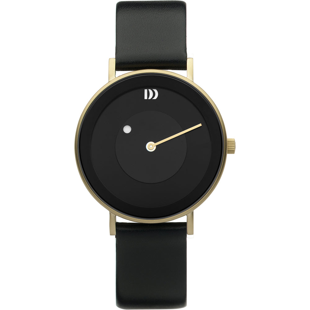 Reloj con esfera negra, correa de cuero negra y caja dorada, diseño minimalista.