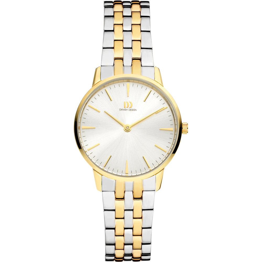 Reloj con esfera plateada, caja dorada y pulsera de acero bicolor.