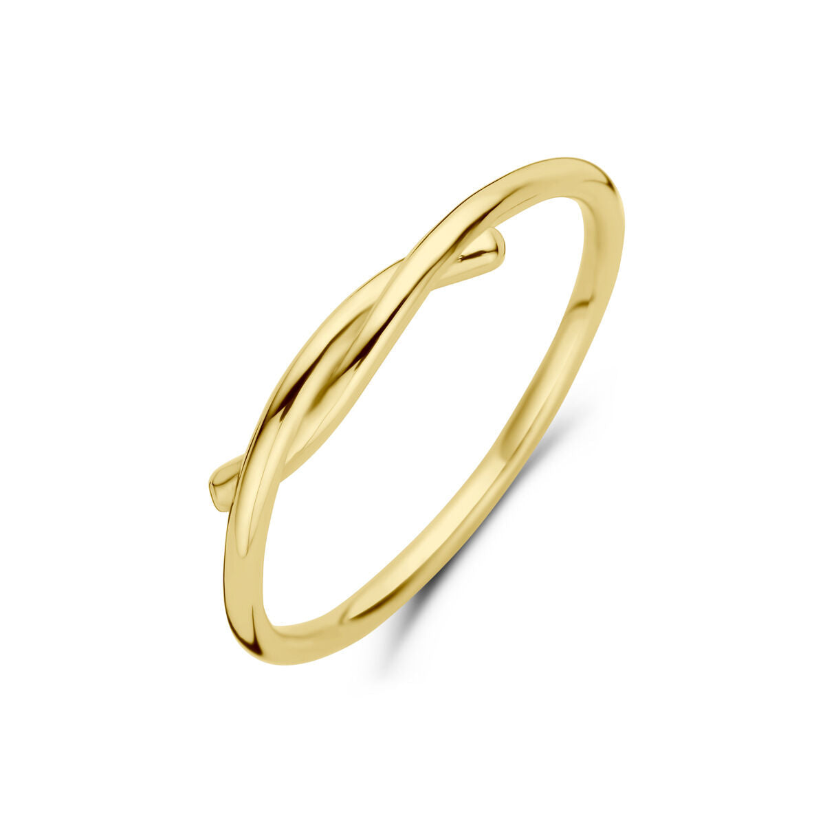 Anillo de oro amarillo de 14 quilates con diseño entrelazado y acabado pulido.