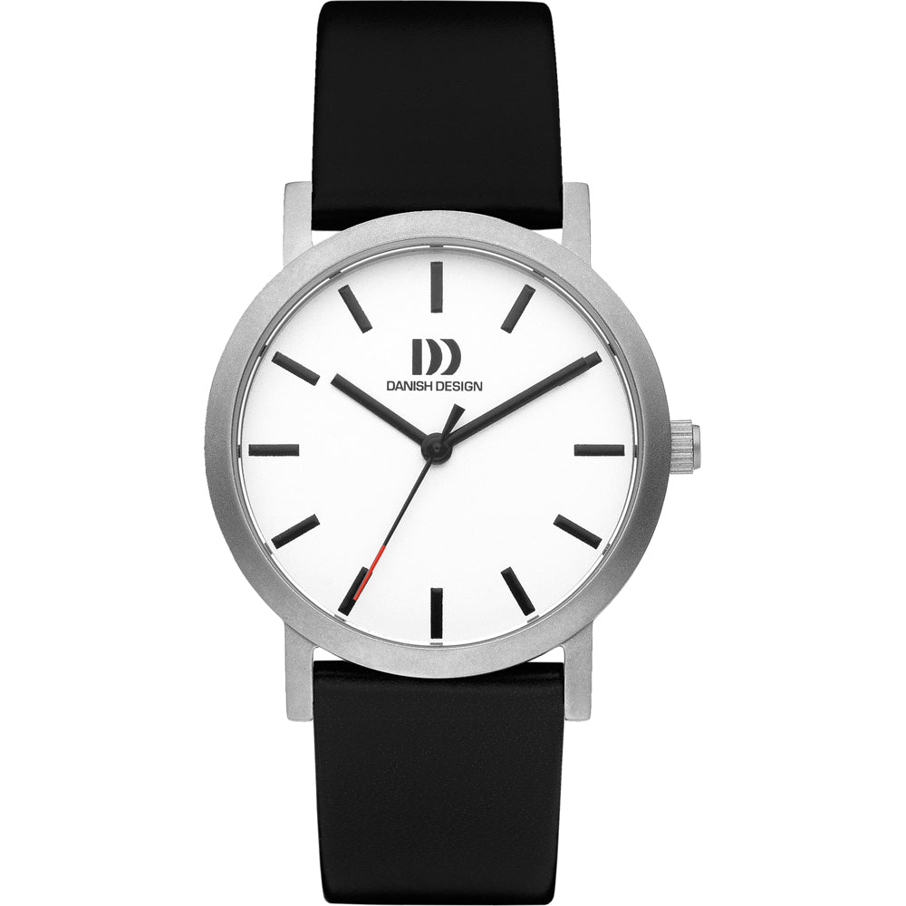 Reloj de esfera blanca con correa de silicona negra y caja plateada.