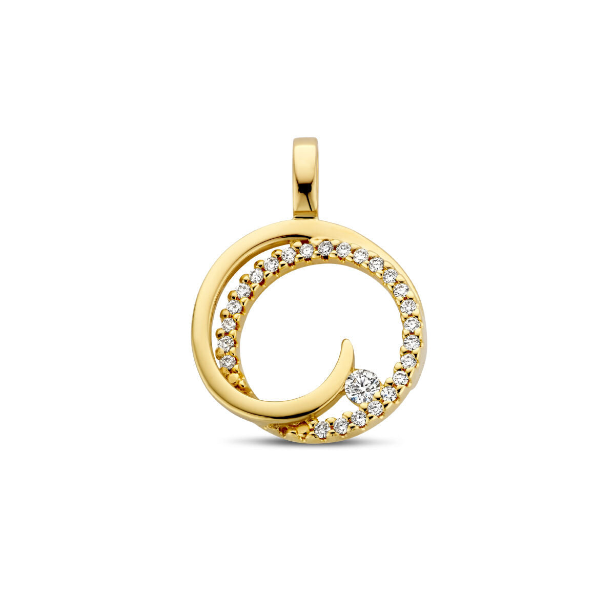 Colgante redondo de oro amarillo de 14K con diamantes de 0.13 ct H SI en forma de espiral.