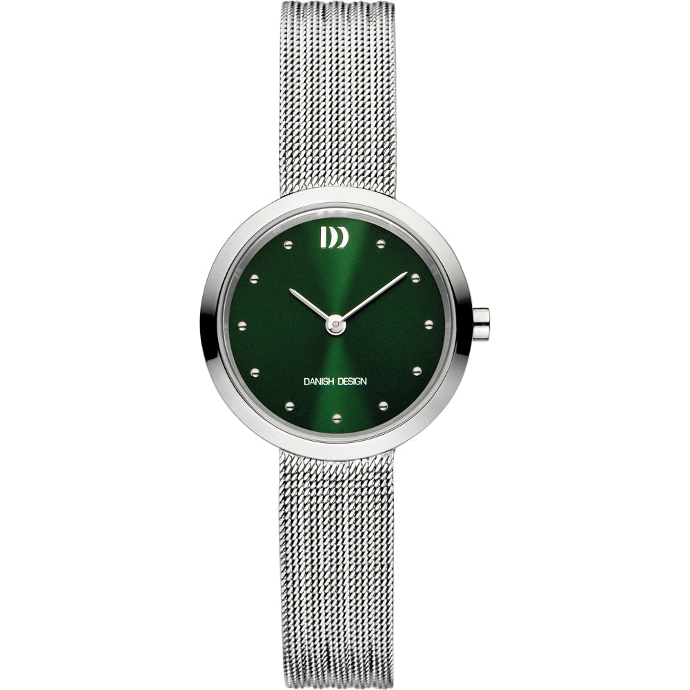 Reloj con esfera verde, caja plateada y correa de malla metálica.