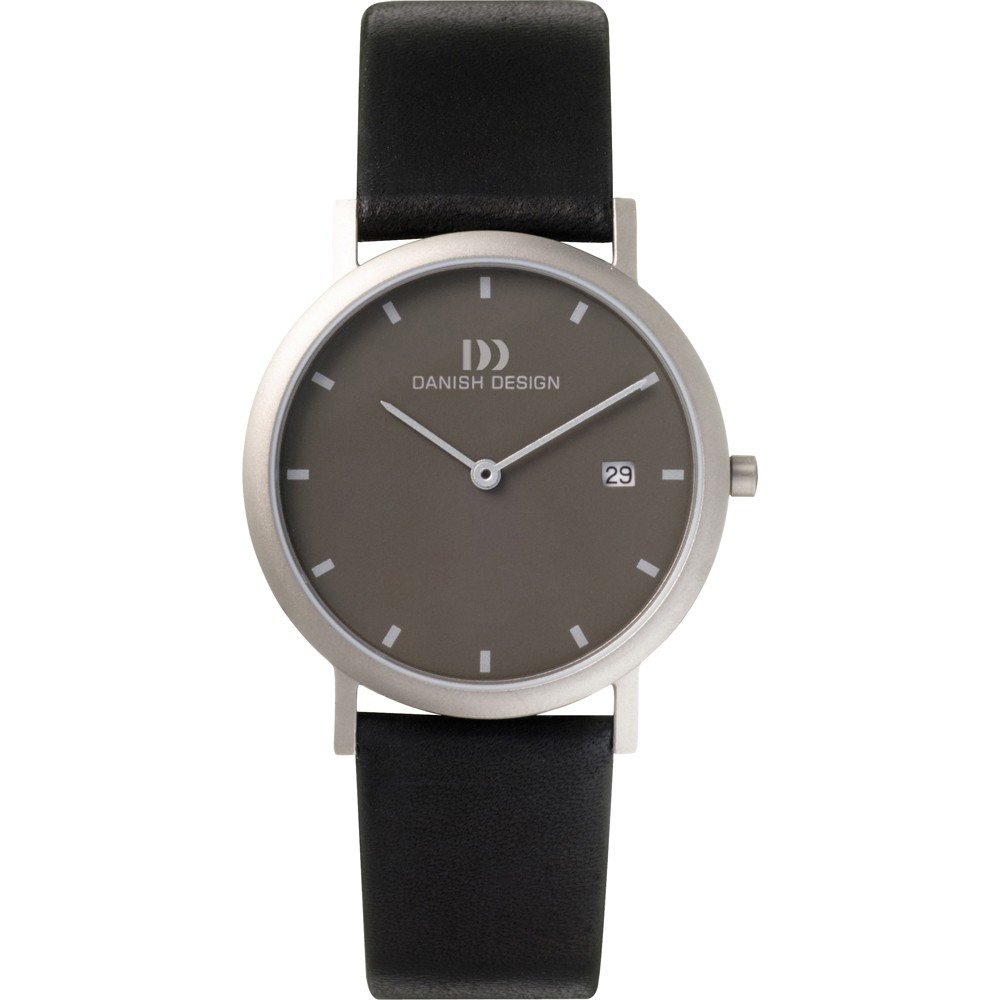 Reloj con esfera gris y correa de cuero negra, diseño minimalista y elegante.