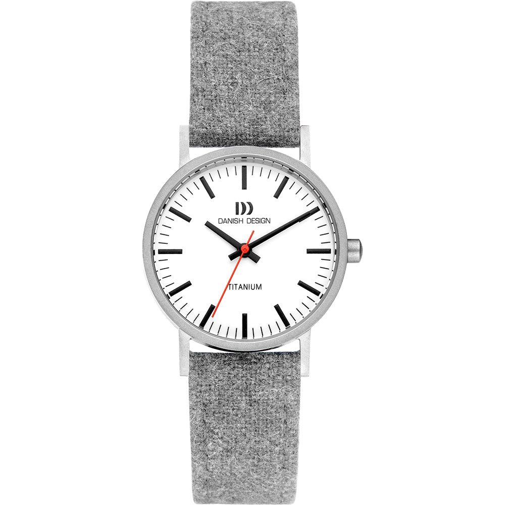 Reloj con esfera blanca, correa de tela gris y detalles en negro y rojo.