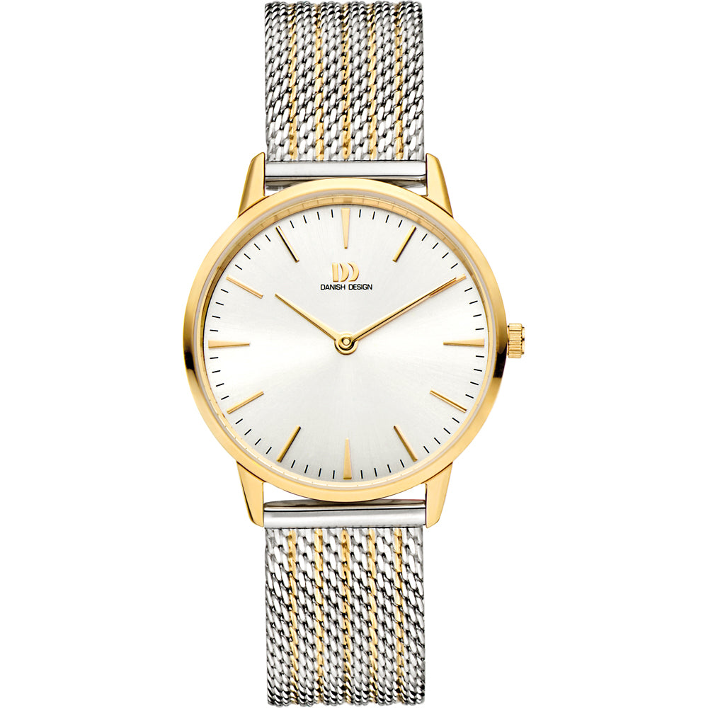 Reloj con esfera plateada, caja dorada y correa de malla bicolor en dorado y plateado.