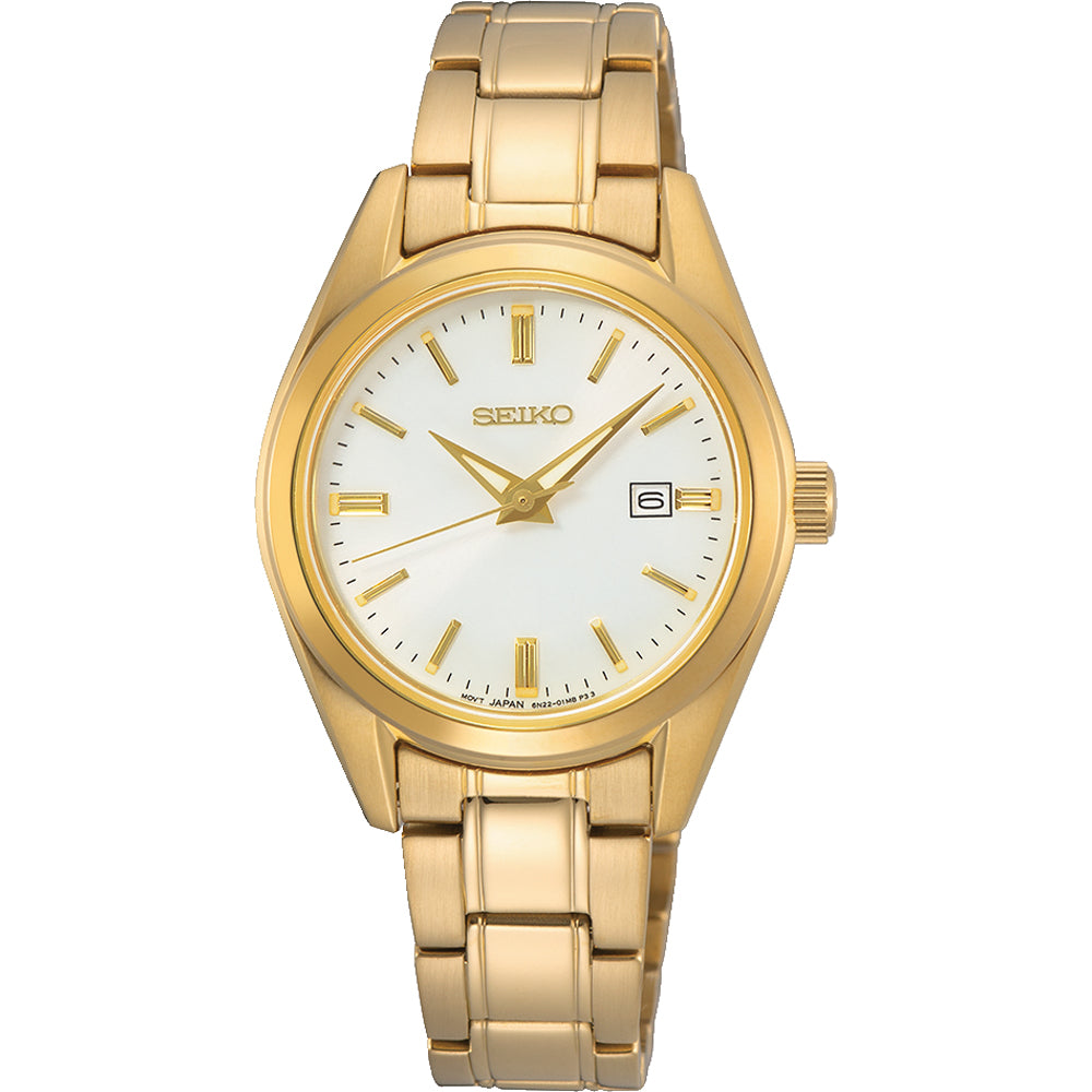 Reloj de dama Seiko con caja dorada, esfera blanca y pulsera de eslabones dorados.