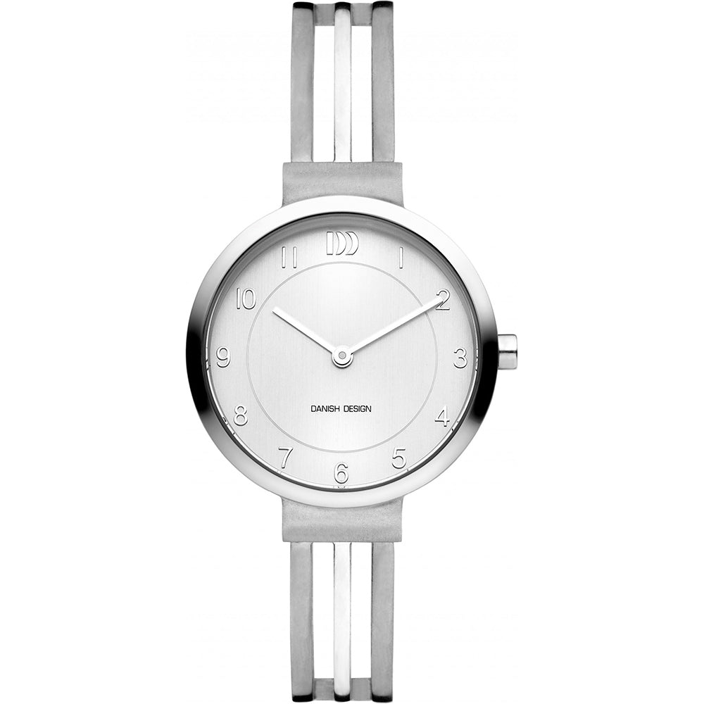 Reloj de esfera plateada con correa de acero inoxidable y diseño minimalista.