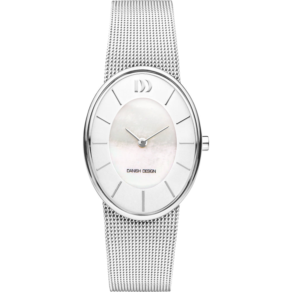 Reloj ovalado con esfera plateada y malla de acero inoxidable.