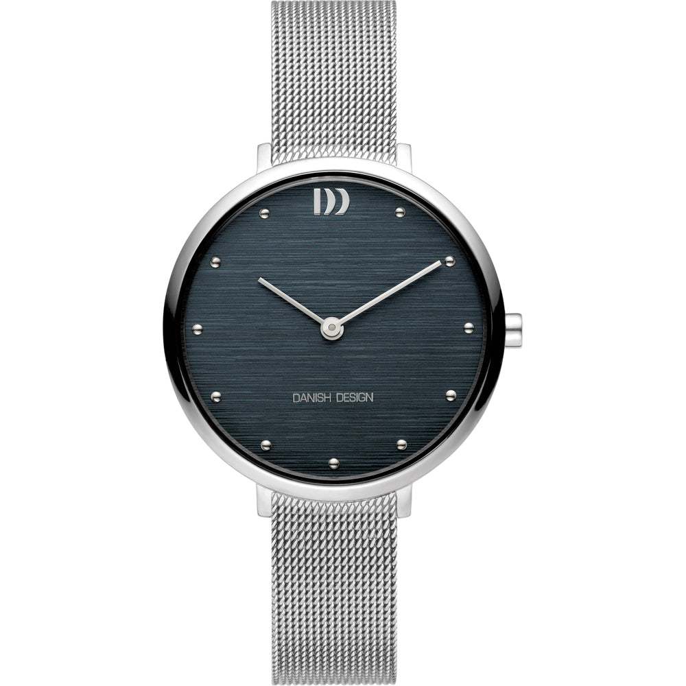 Reloj con esfera azul oscuro, correa de malla de acero inoxidable y detalles en plata.