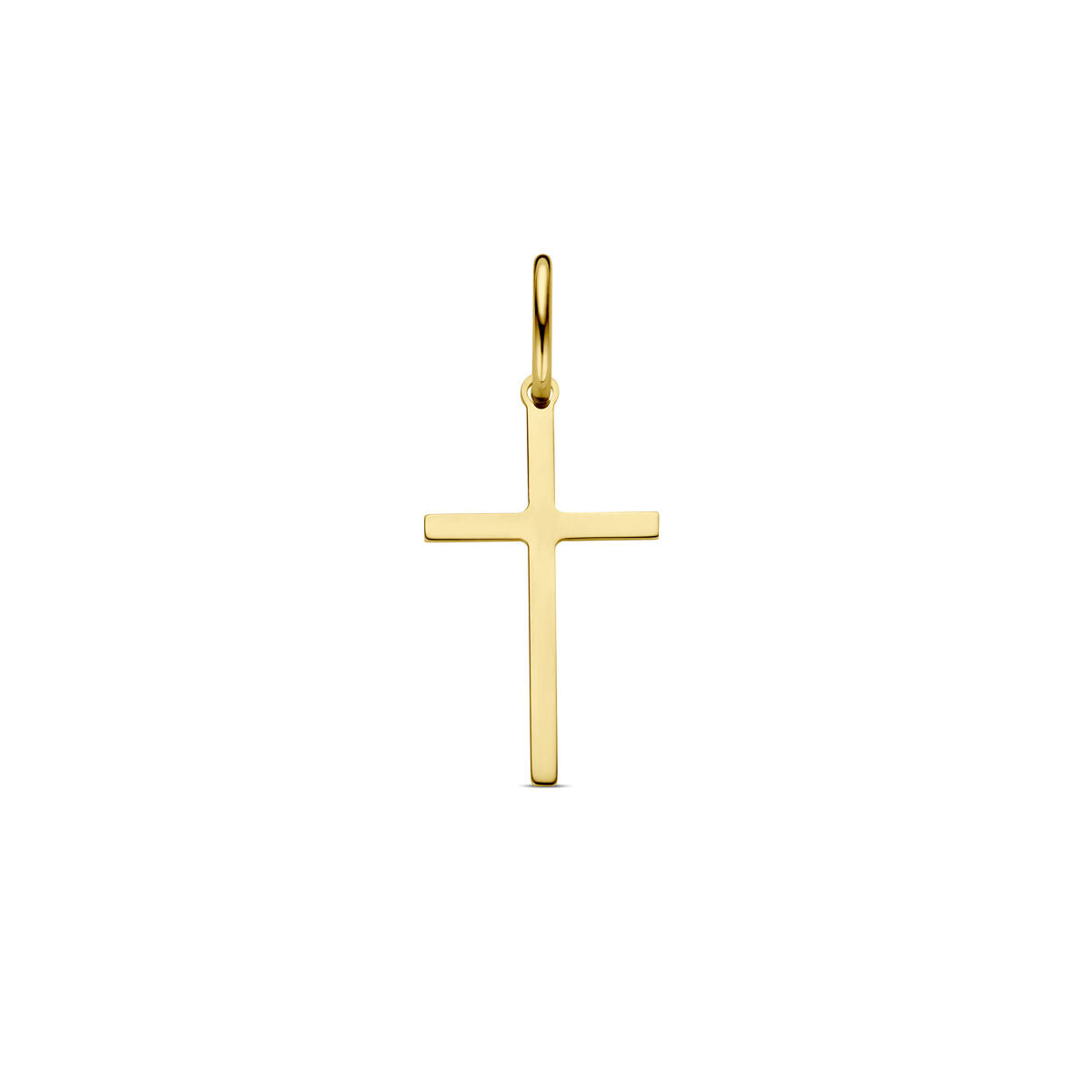 Colgante de cruz en oro amarillo de 14 quilates, con un diseño simple y elegante.