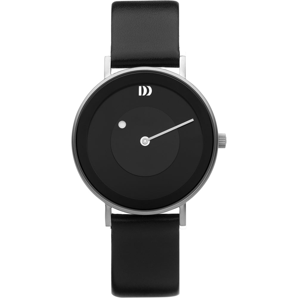 Reloj de esfera negra con correa de cuero negra y detalles plateados.