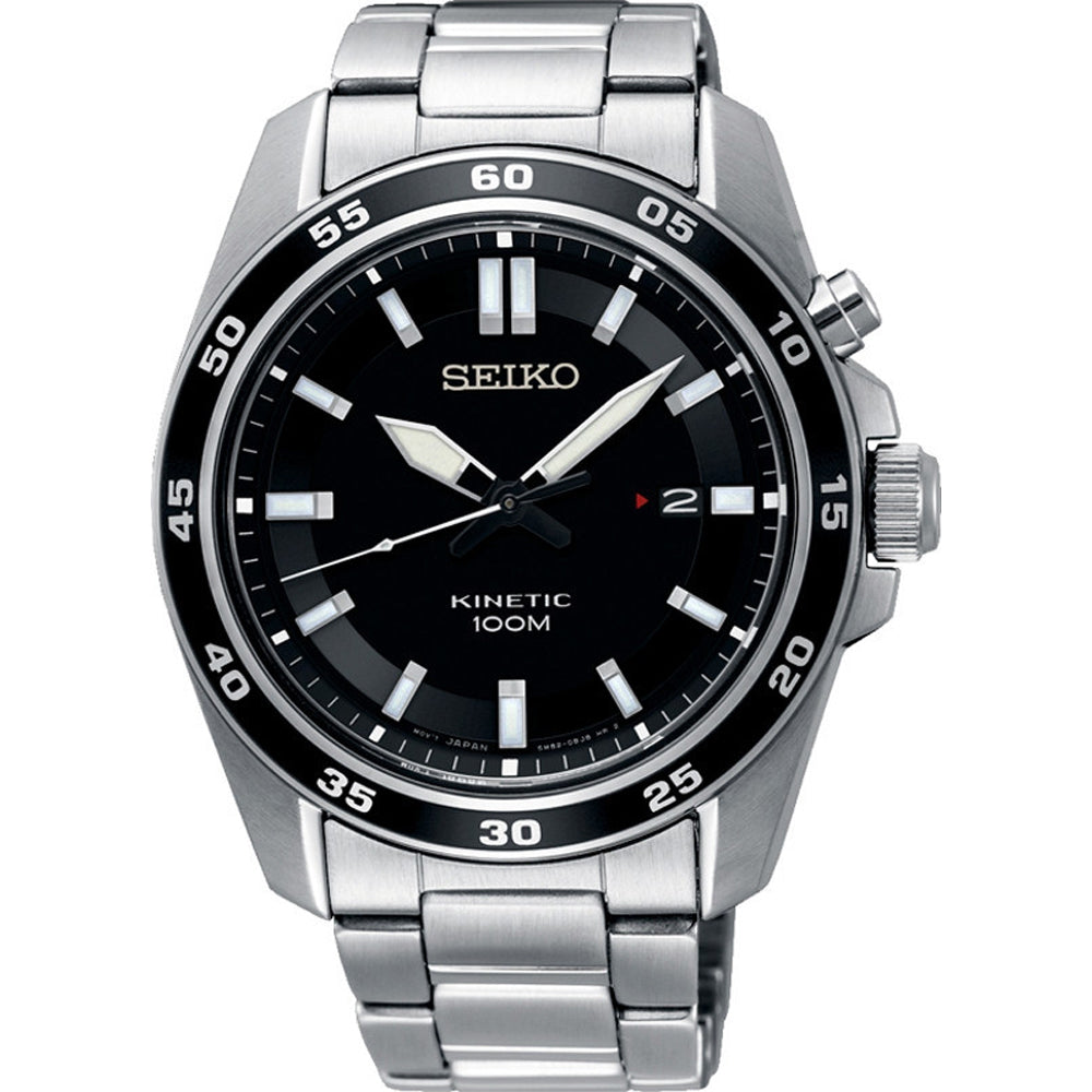 Reloj de hombre Seiko con caja de acero inoxidable, esfera negra y correa de acero, resistente al agua 100 m.