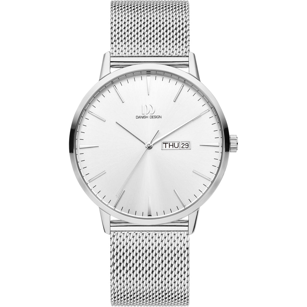 Reloj de esfera plateada con correa de malla metálica y indicador de día y fecha.