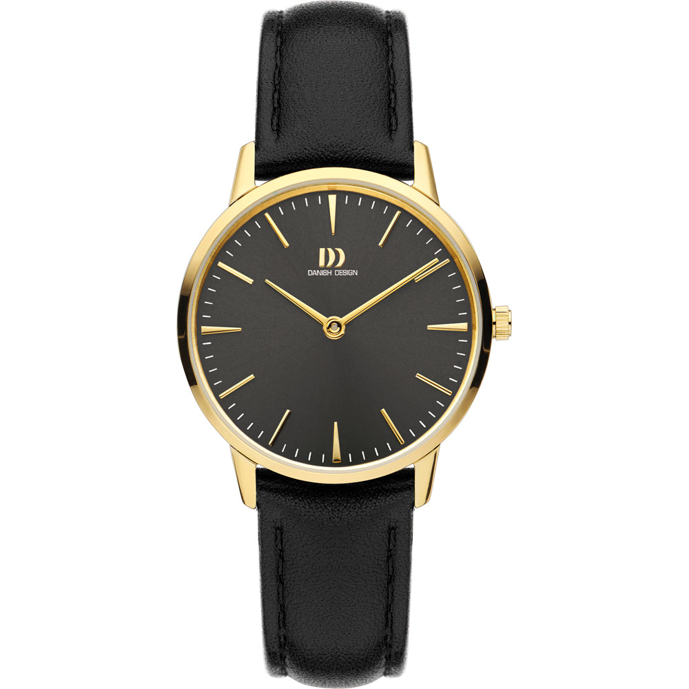 Reloj con esfera negra, caja dorada y correa de cuero negra.