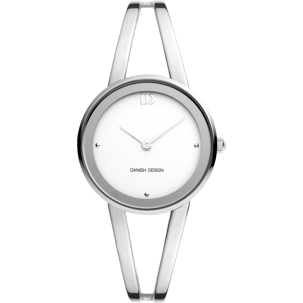 Reloj plateado con esfera blanca y correa delgada, diseño minimalista y elegante.