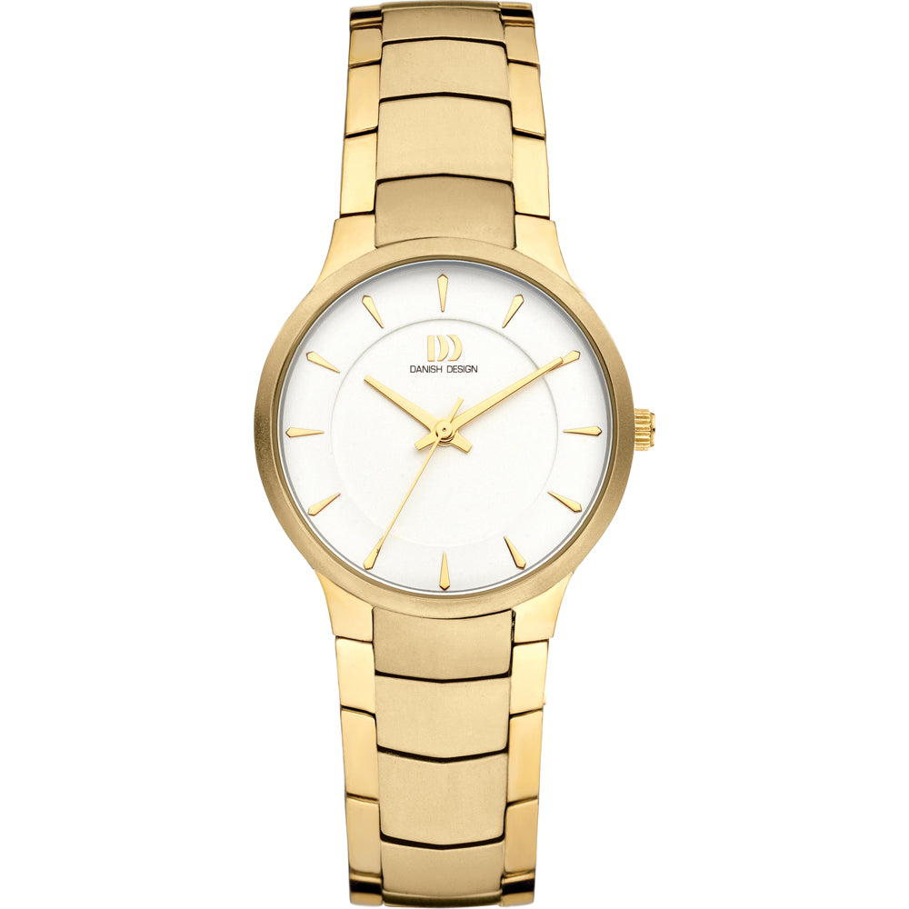 Reloj dorado con esfera blanca y correa de eslabones.