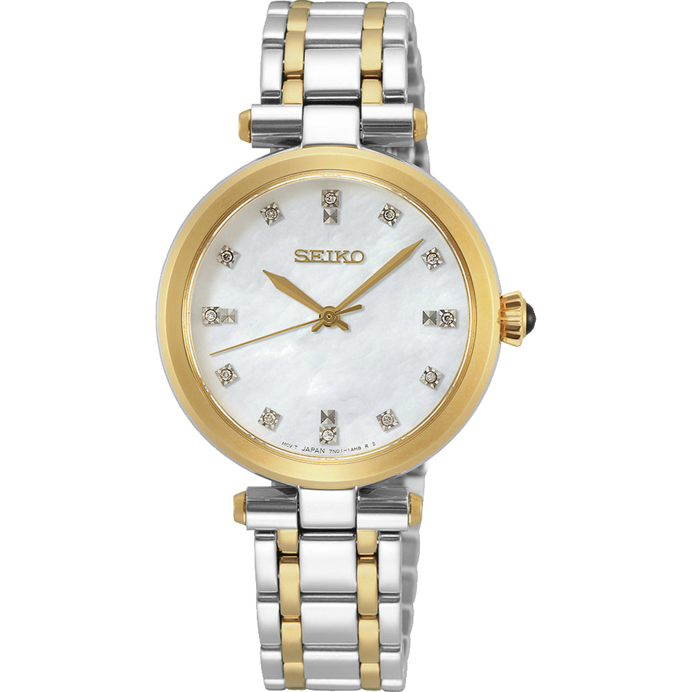 Reloj de dama Seiko con caja dorada, esfera de madreperla y brazalete bicolor de acero inoxidable.