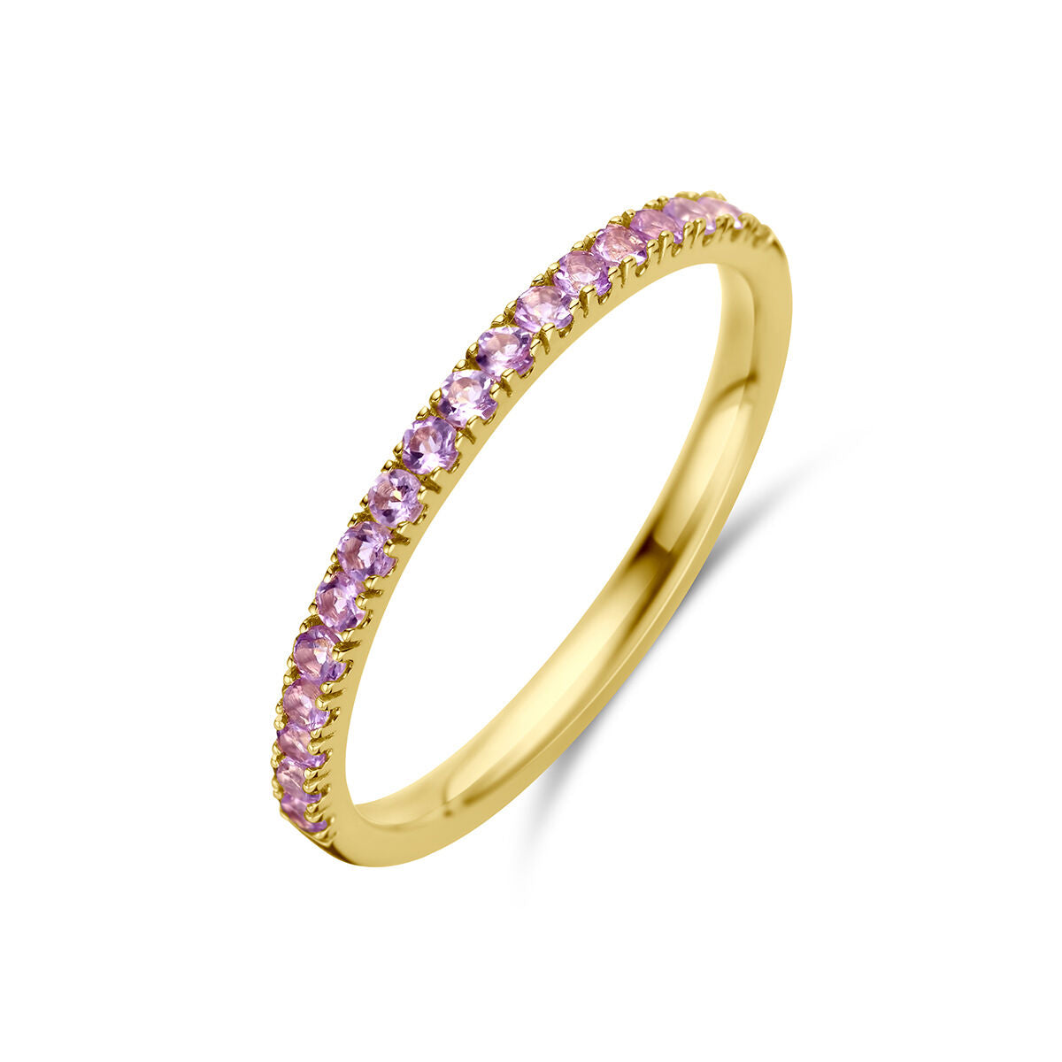Anillo de oro amarillo de 14K con piedras de nacimiento de amatista clara.