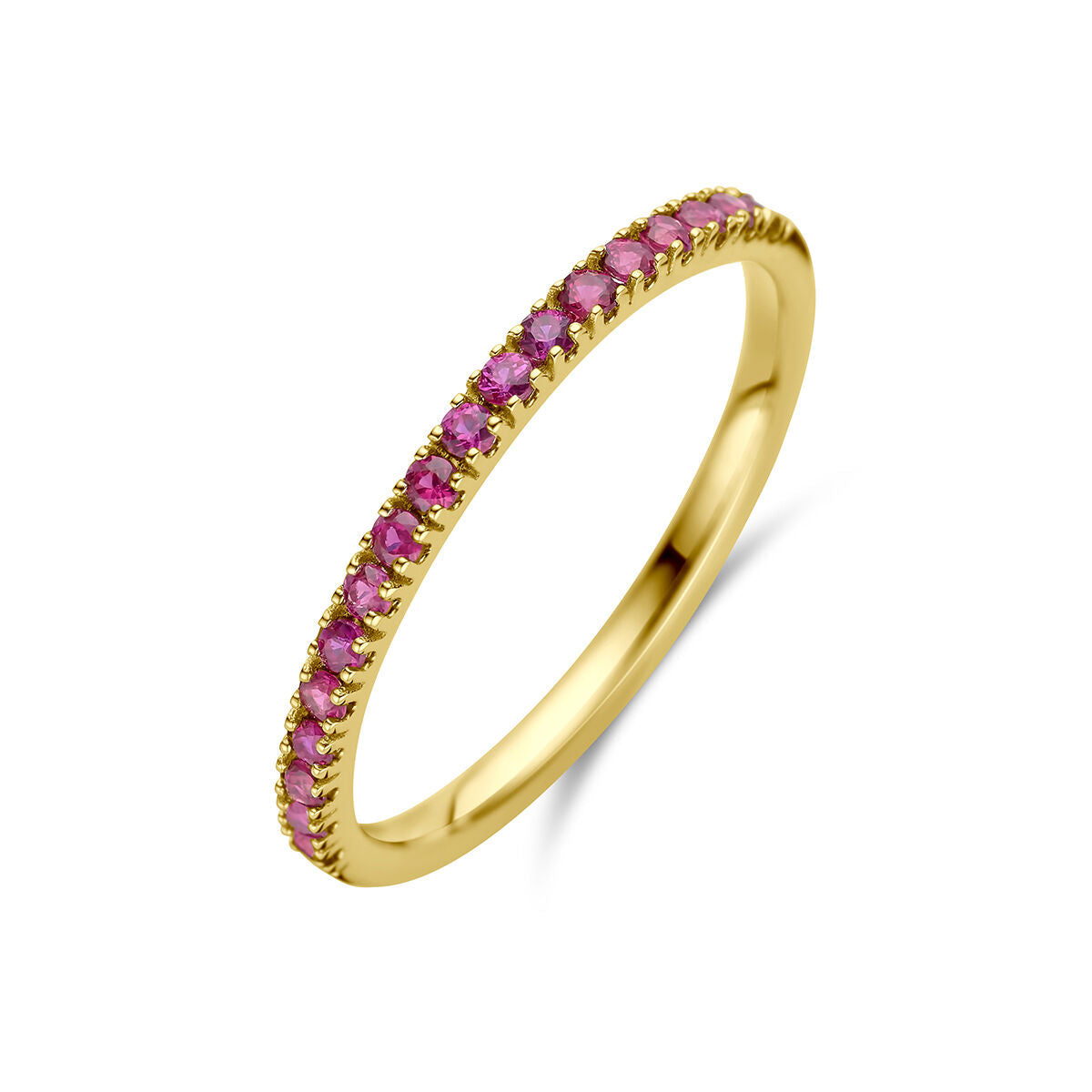Anillo de oro amarillo de 14K con piedras preciosas de rubí en tonos rosados.