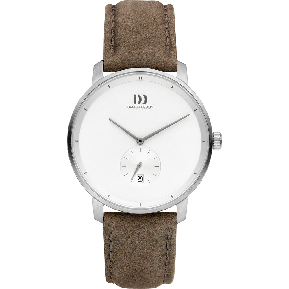 Reloj con esfera blanca, caja plateada y correa de cuero marrón.