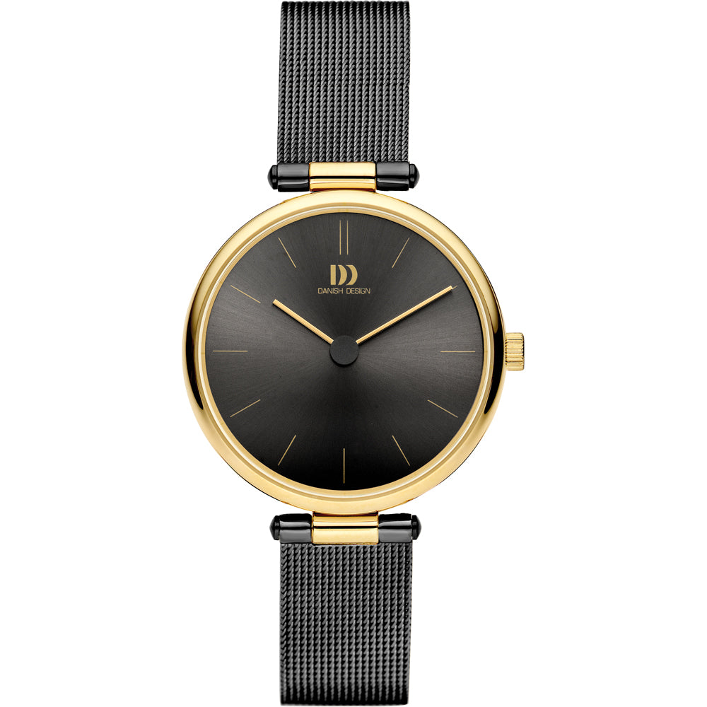 Reloj con esfera negra, caja dorada y correa de malla negra.