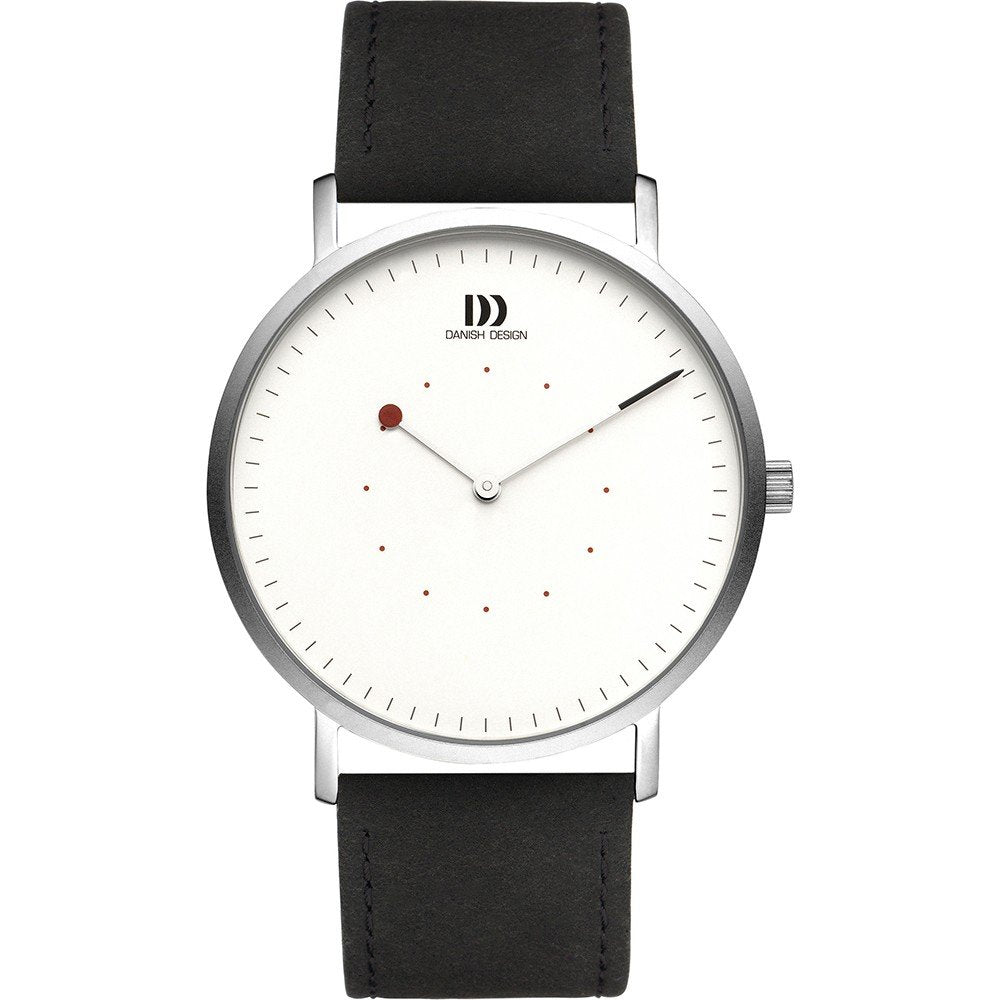 Reloj con esfera blanca, correa de cuero negra y detalles en rojo, diseño minimalista.