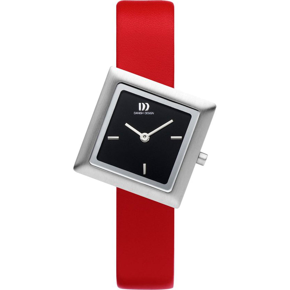 Reloj cuadrado con esfera negra, correa de silicona roja y acabado plateado.