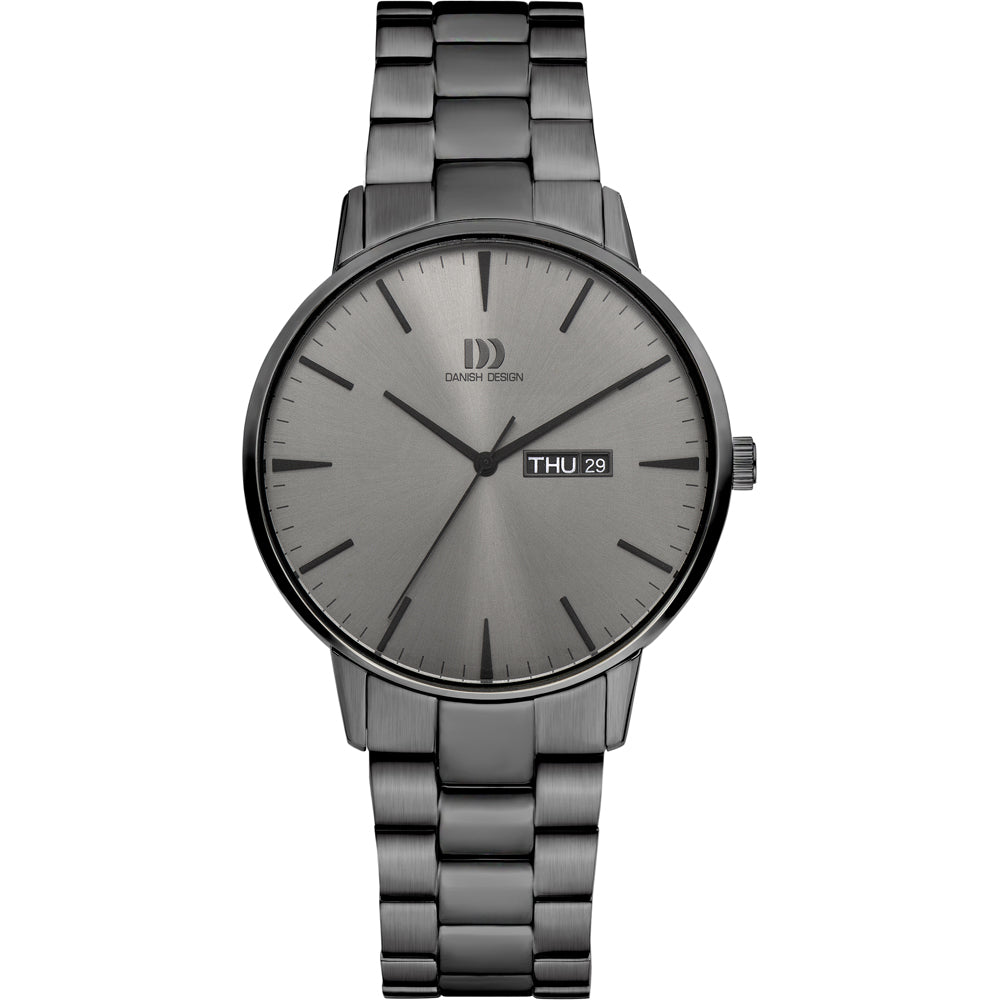 Reloj de acero inoxidable con esfera gris y correa de malla metálica.