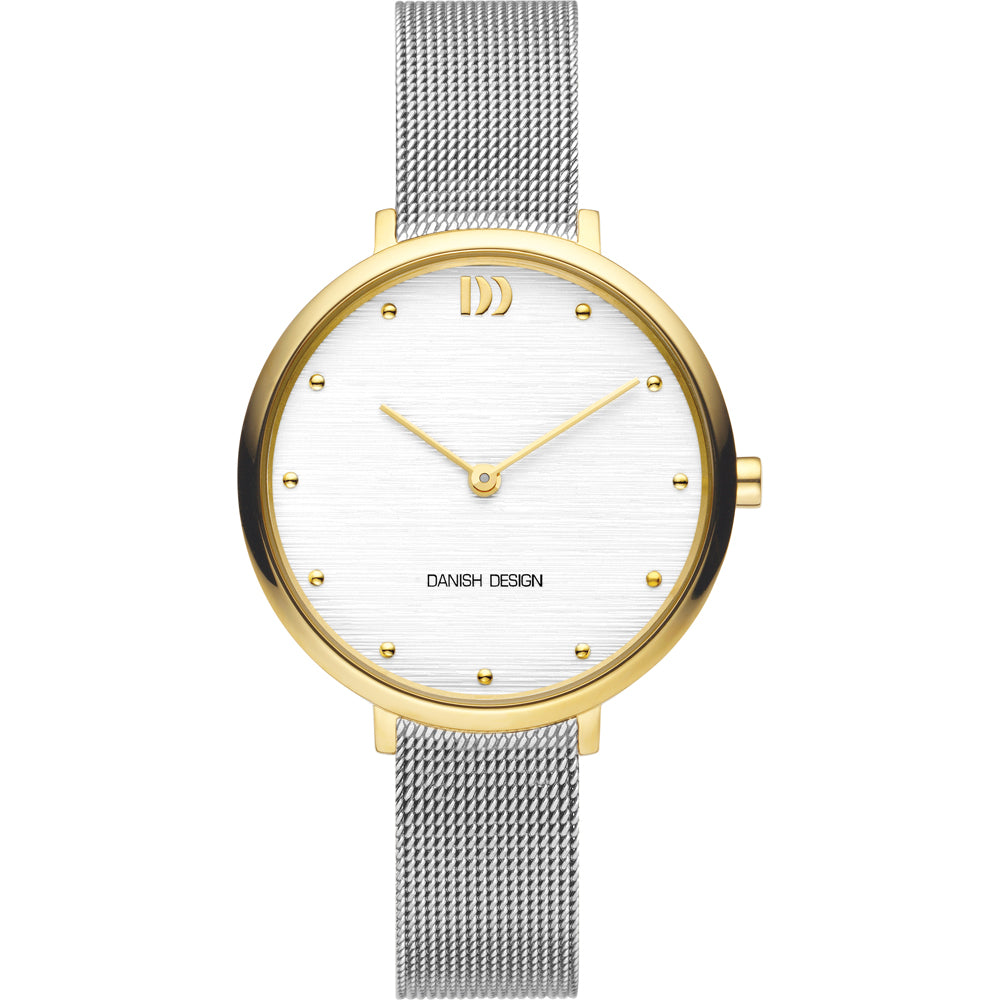 Reloj de esfera blanca con detalles dorados, correa de malla de acero inoxidable.