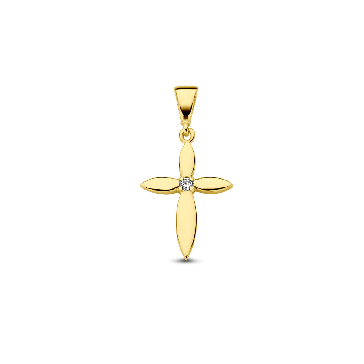 Colgante de cruz en oro amarillo de 14K con una piedra de zircón en el centro.