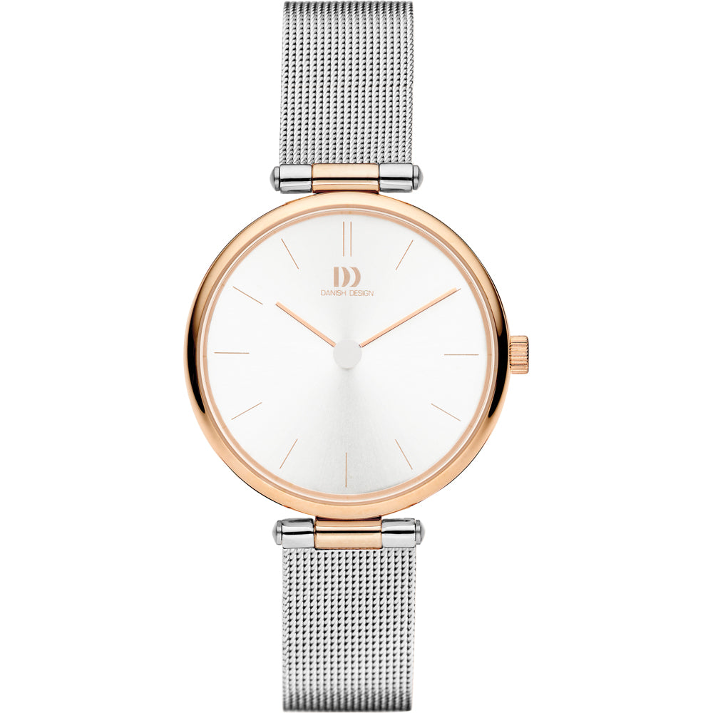 Reloj con esfera blanca, caja dorada y correa de malla plateada.