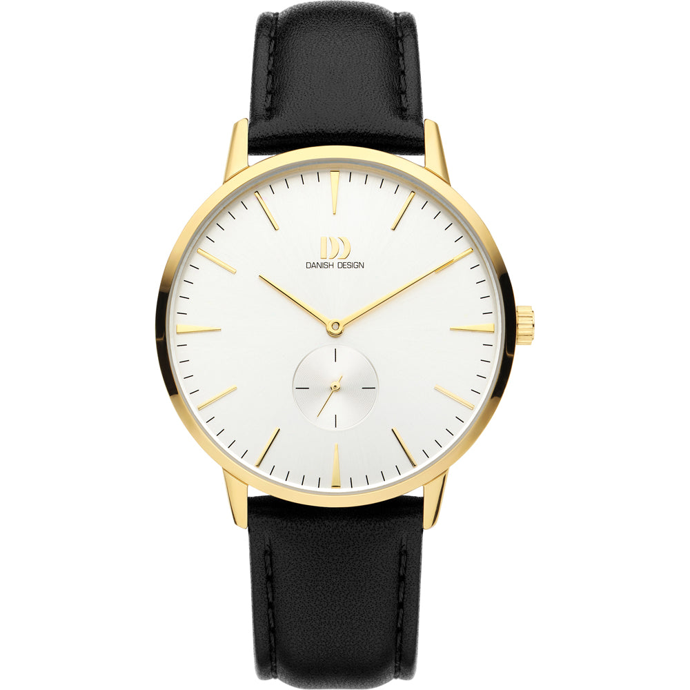 Reloj con esfera blanca, caja dorada y correa de cuero negro.