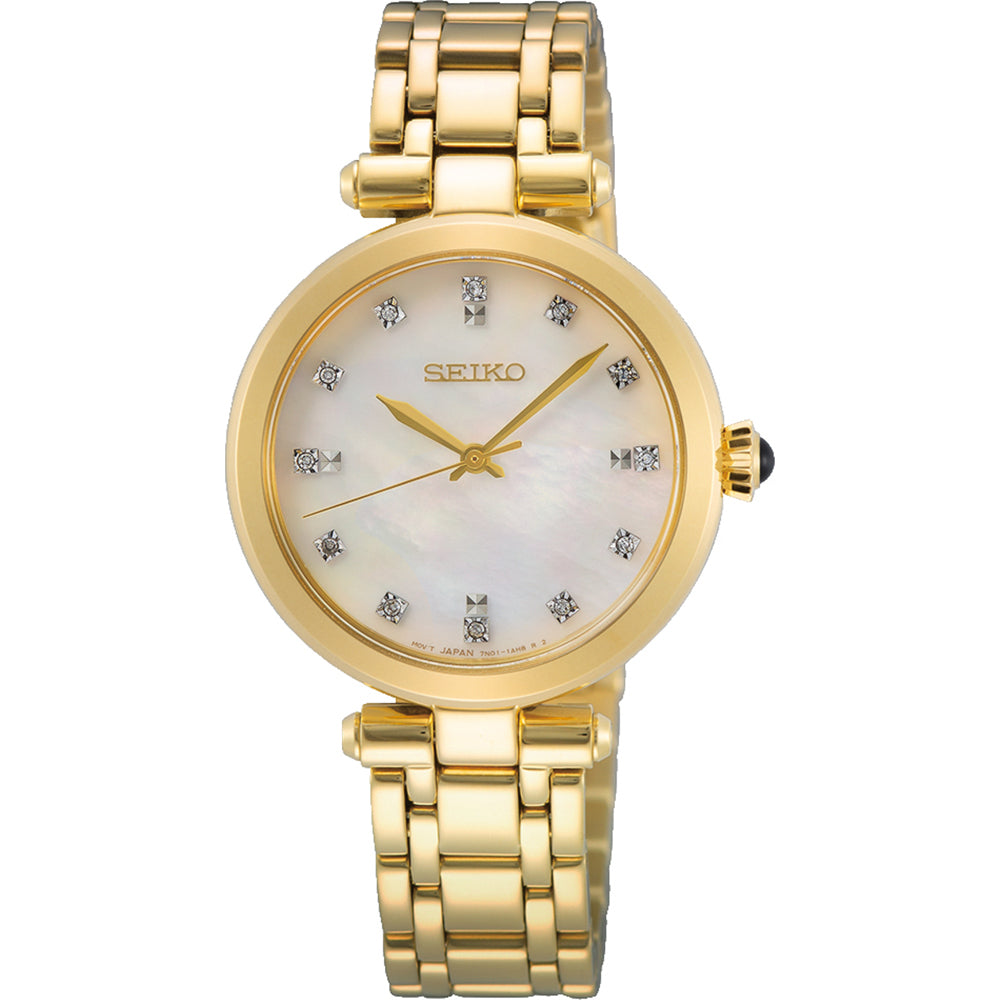 Reloj de dama Seiko con esfera madreperla, caja y pulsera doradas, y detalles en cristales brillantes.