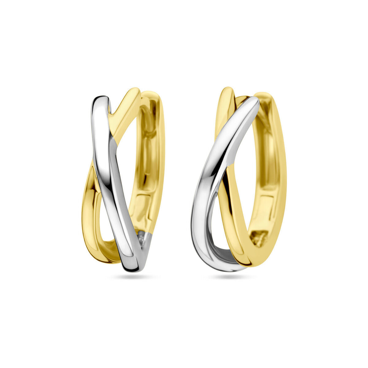 Pendientes de aro bicolor en oro de 14 quilates, con acabado amarillo y blanco, diseño entrelazado.