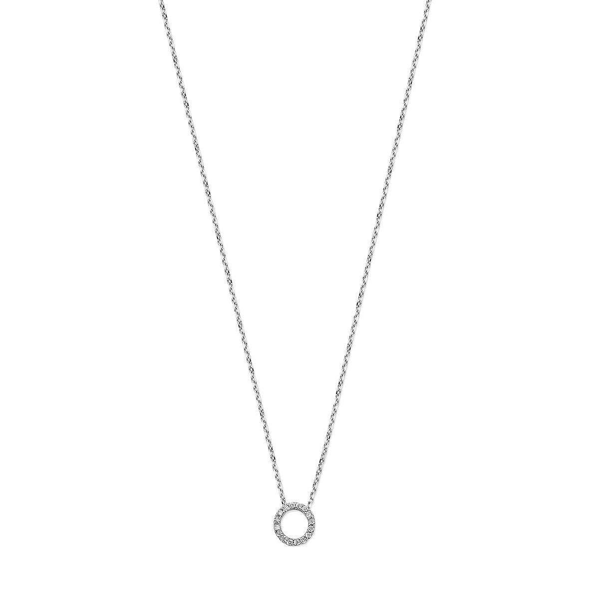 Collar de dama en oro blanco de 14K con un colgante circular decorado con diamantes.