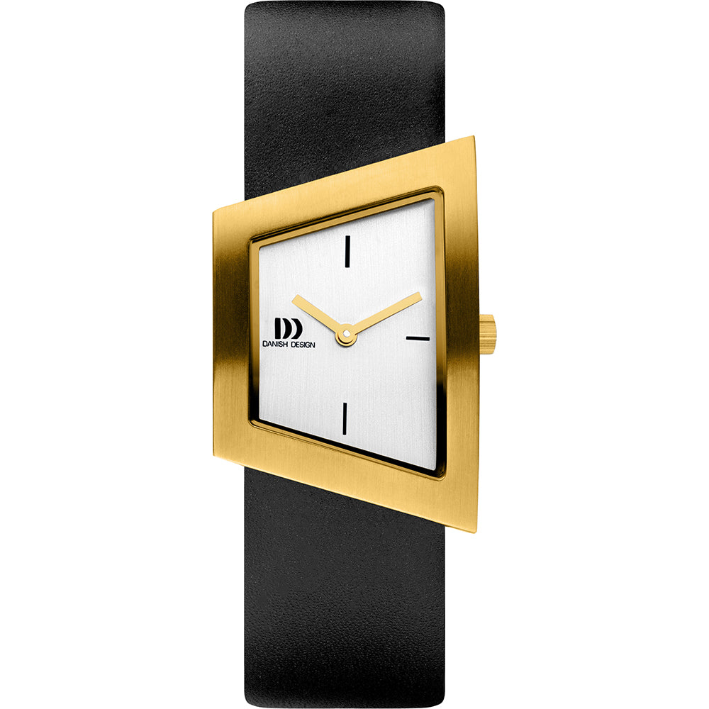 Reloj cuadrado con caja dorada y correa de cuero negra, esfera blanca y manecillas doradas.