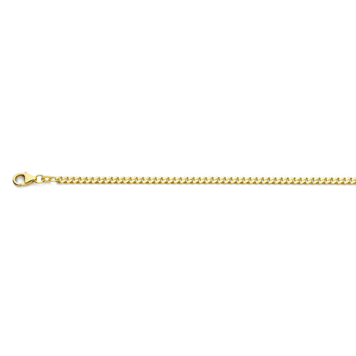 Een massief 14K geelgoud herenketting (gourmette, 3,4 mm, 4-zijdes geslepen) van de Van der Kooij Collectie, met een klassieke look en stevige sluiting op een witte achtergrond.