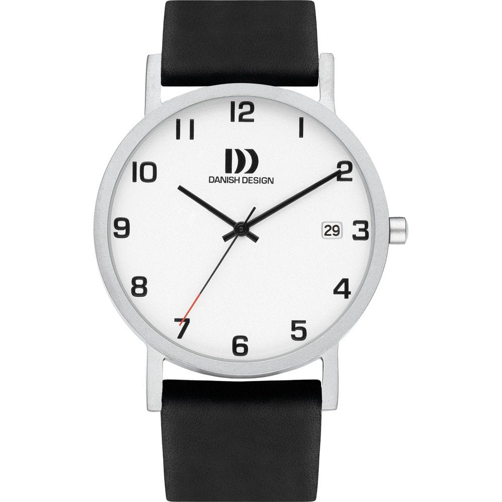 Reloj con caja plateada, esfera blanca, números negros y correa de silicona negra.